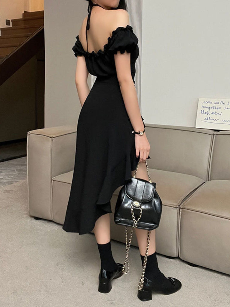 Robe Off-Shoulder à Manches Bouffantes Asymétrique à Volants Noir Années 60