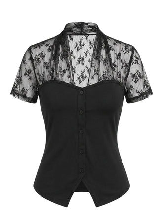 Blouse Col V Patchwork Dentelle Noir Années 60