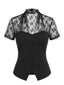 Blouse noire col V et empiècements dentelle années 60