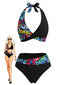 Maillot de bain noir dos nu imprimé graffiti et patchwork années 70