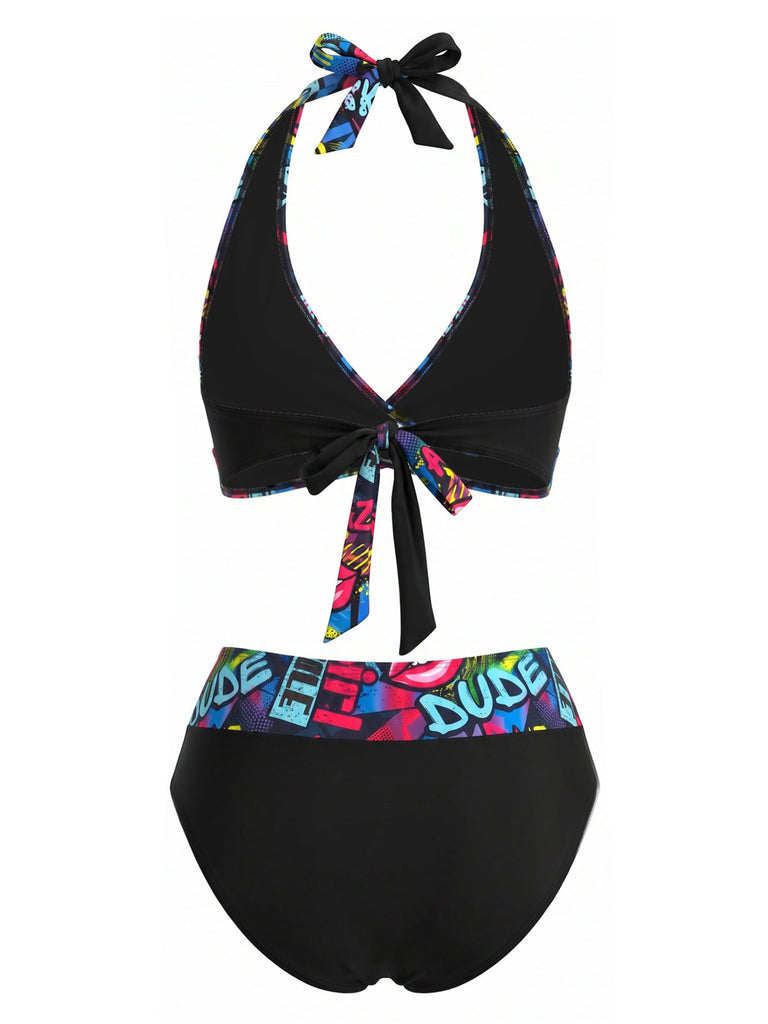 Dos-Nu Graffiti Imprimée Patchwork Maillot de Bain Noire Années 1970 3