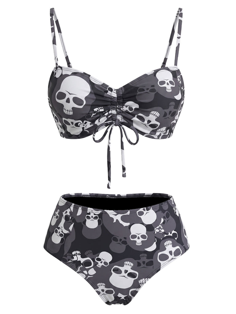 Gothique Crâne Imprimé Cordon Ensemble Bikini Noire Années 1980 2
