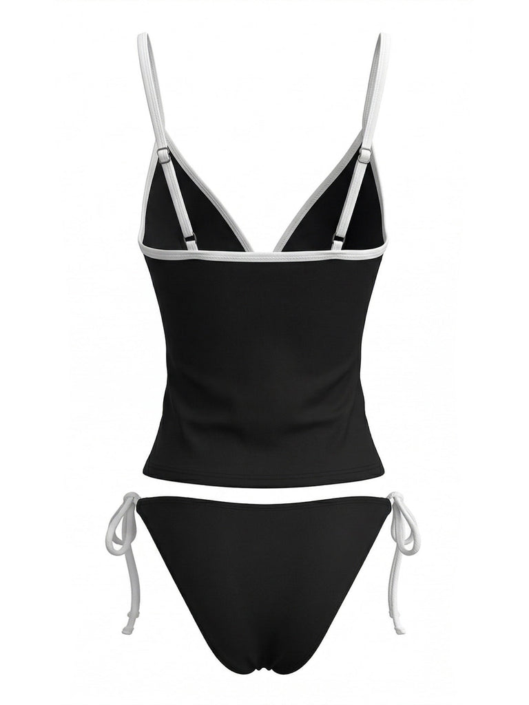 Contrasté Bordure Nœud Tankini Ensemble Noire Années 1980 3