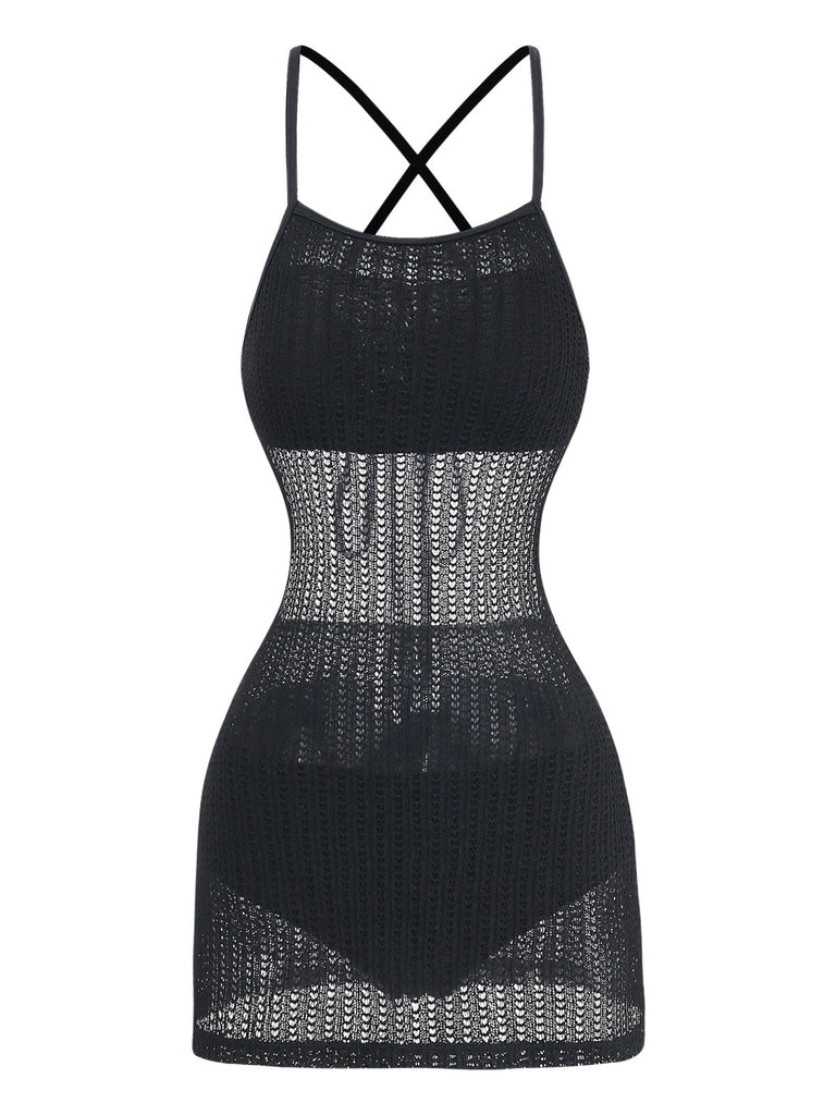 Crochet Croisé Sans Manches Tricot de Bain Robe Noire Années 1980 2