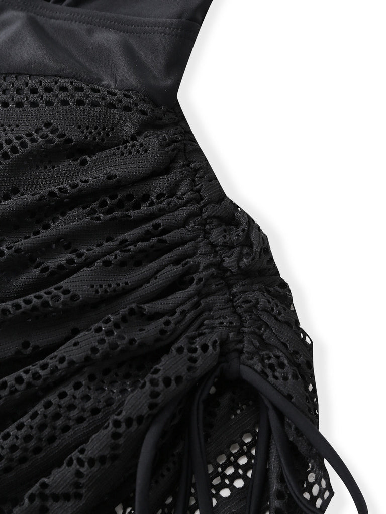 Noir Dentelle Col V Froncé Maillot de Bain Une Pièce Années 1950 5