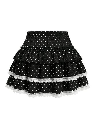 Black polka dot lace ruffle mini skirt back view showing layered ruffle design for vintage feminine styling