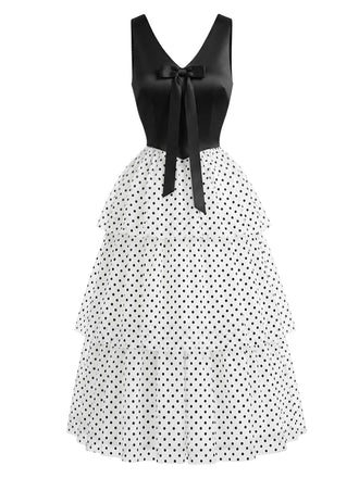 [Prévente] Robe en Mousseline à Pois avec Volants Étagés Noir & Blanc Années 40