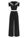 Black jumpsuit with white trim and belt on a white background