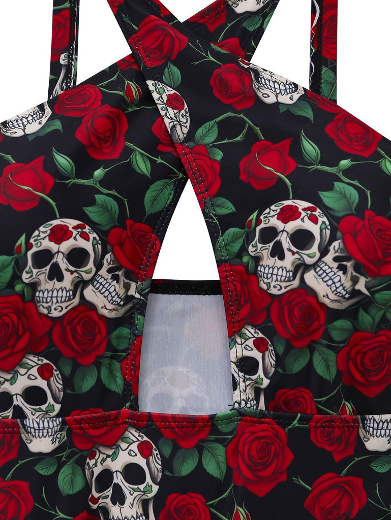 Detail: Black 1950s Skeleton Rose Halter Swimsuit, retro fashion design, perfect for vintage fashion lovers