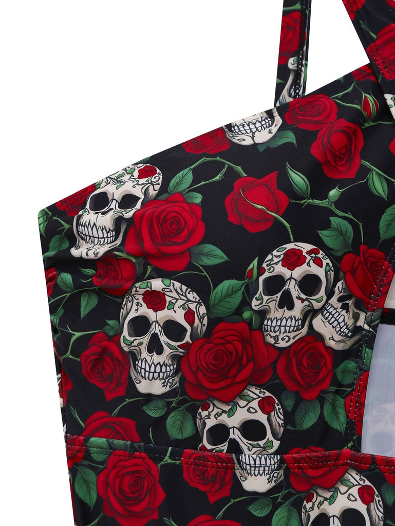 Detail: Black 1950s Skeleton Rose Halter Swimsuit, classic silhouette, perfect for vintage fashion lovers