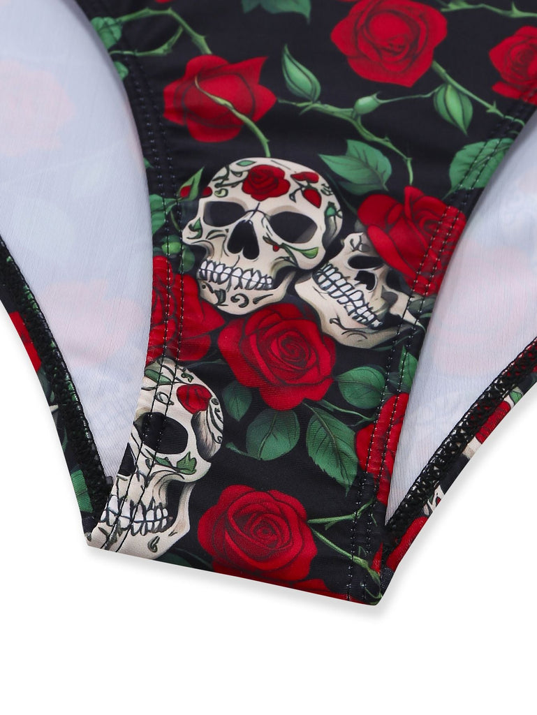 Detail: Black 1950s Skeleton Rose Halter Swimsuit, classic silhouette, perfect for vintage fashion lovers