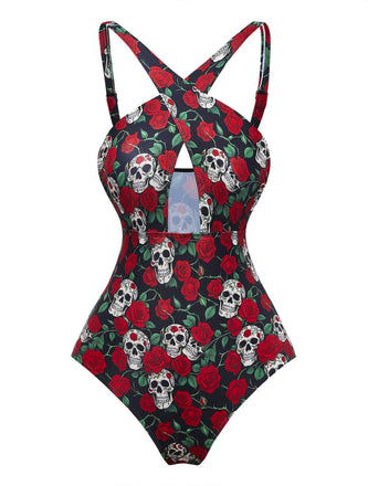 Front: Black 1950s Skeleton Rose Halter Swimsuit, classic silhouette, perfect for vintage fashion lovers