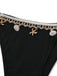Black swimsuit bottom with lace trim and shell and starfish charms on a white background
