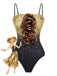 Black and gold swimsuit with floral designs on a white background