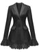 Vue de face de la robe blazer noire cintrée avec bordure en dentelle noire assortie à l'ourlet et aux manches.