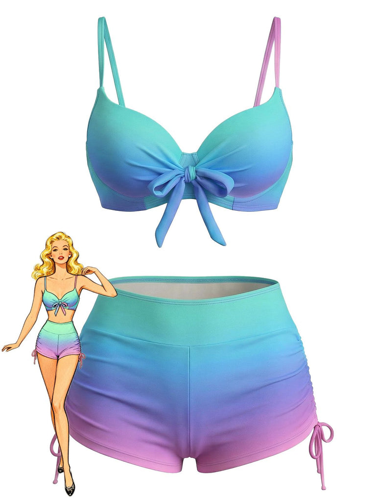 Ensemble bikini short de bain à lacets dégradé années 60