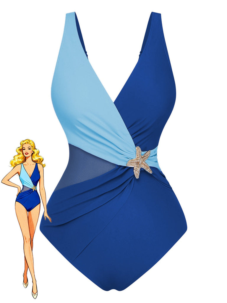 Maillot de bain une pièce élégant d'inspiration vintage des années 1950, orné d'étoiles de mer, avec un décolleté en V flatteur et une coupe gainante, idéal pour les vacances à la plage et au bord de la piscine.