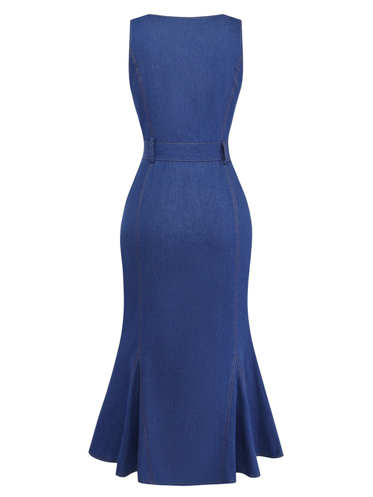 Blue 1930s Denim Sleeveless Mermaid Dress