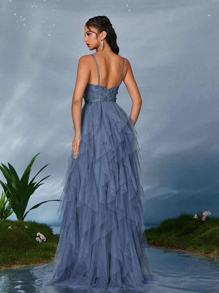 1930s Appliques Tulle Glitter Slit Tiered Prom Dress-wear-back-view