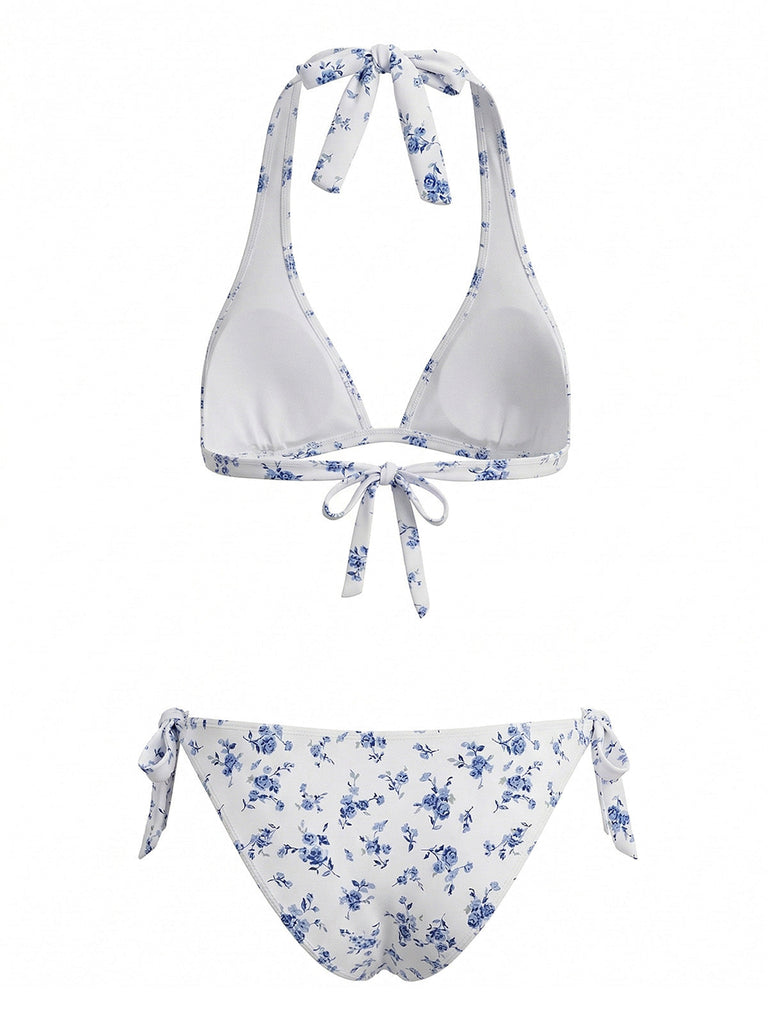 Bleu Ensemble Bikini Dos Nu à Petites Fleurs avec Lien années '40 3