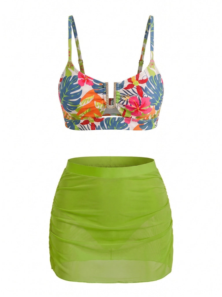 Ensemble Tankini Floral à Boucle Métal en U Taille Haute années '60 6
