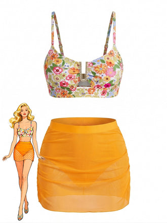 Ensemble Tankini Floral à Boucle Métal en U Taille Haute années '60