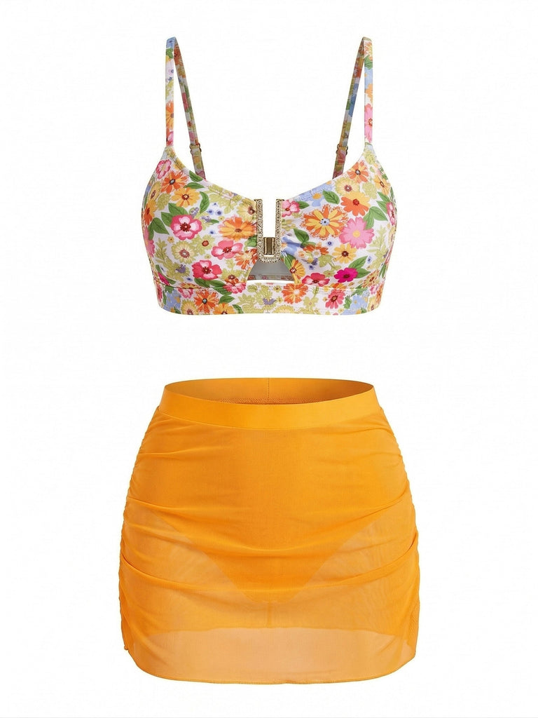 Ensemble Tankini Floral à Boucle Métal en U Taille Haute années '60 2
