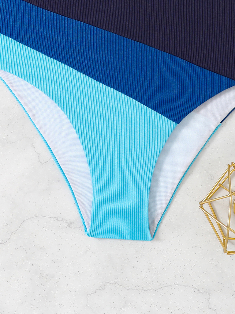 Bleu Asymétrique Rayé Blocs de Couleur Maillot de Bain Une Pièce Années 1940 6
