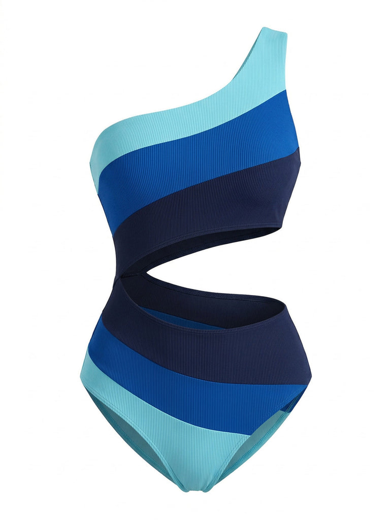 Bleu Asymétrique Rayé Blocs de Couleur Maillot de Bain Une Pièce Années 1940 2