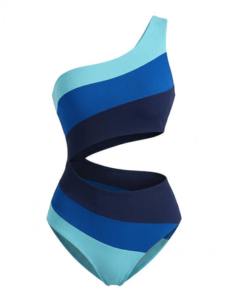 Bleu Asymétrique Rayé Blocs de Couleur Maillot de Bain Une Pièce Années 1940 2