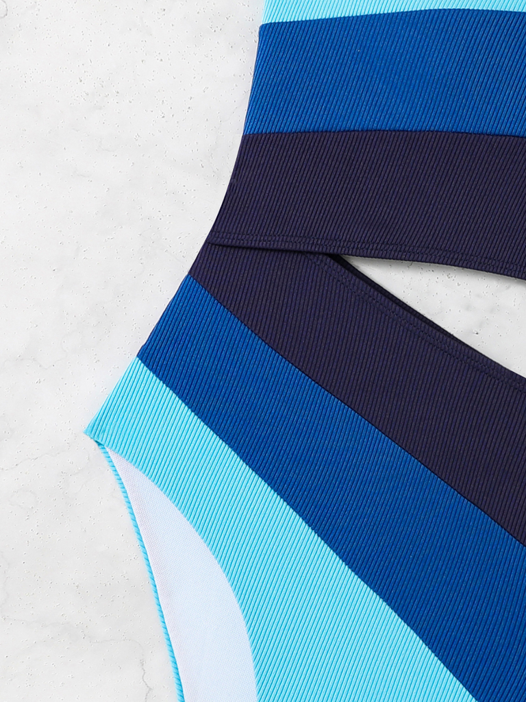 Bleu Asymétrique Rayé Blocs de Couleur Maillot de Bain Une Pièce Années 1940 7