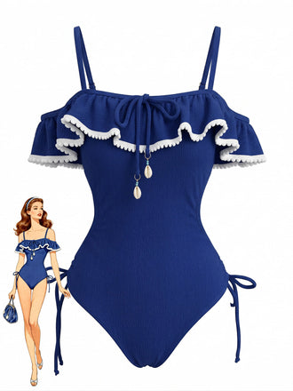 Maillot de Bain Une Pièce à Volants Pendentif Coquillage Bleu Années 1940