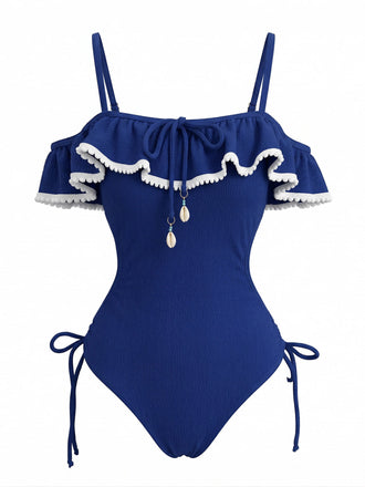 Maillot de Bain Une Pièce à Volants Pendentif Coquillage Bleu Années 1940 2