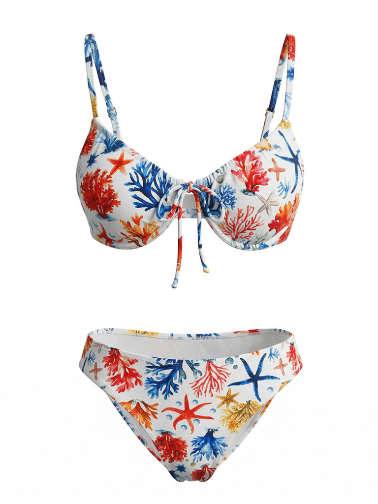 Ensemble Bikini Corail Étoile de Mer Imprimé Bleu Années 1950 2