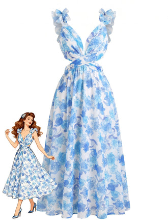 Robe Longue Florale Découpée à Bretelles à Volants Bleue Années 1950