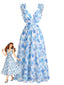 Robe Longue Bleue Florale Bretelles Volants Années 1950