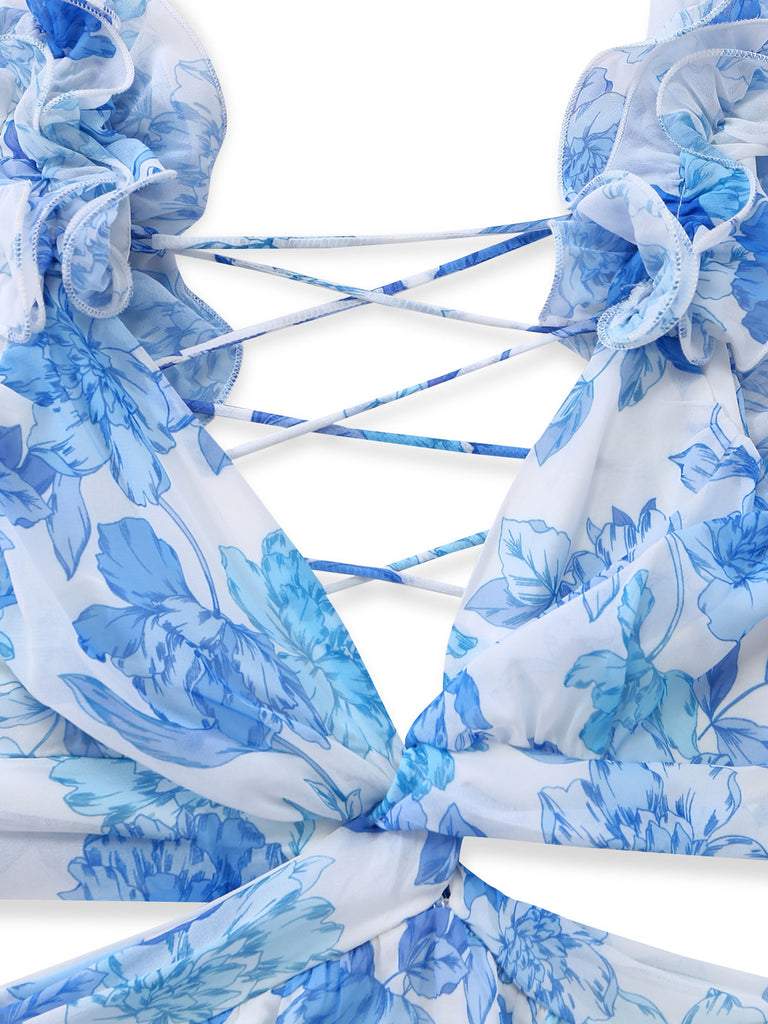Robe Longue Florale Découpée à Bretelles à Volants Bleue Années 1950 5