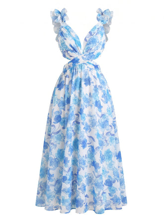 Robe Longue Florale Découpée à Bretelles à Volants Bleue Années 1950 2