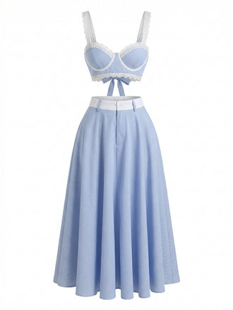 Deux Pièces Bleu Dentelle Bretelles Spaghetti Haut & Taille Haute Jupe Années 1950
