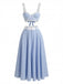 Deux Pièces Bleu Dentelle Bretelles Spaghetti Haut & Taille Haute Jupe Années 1950