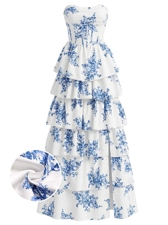 Robe Longue Bustier à Baleines Étagée Florale Bleue Années 1930