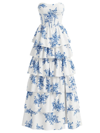 Robe Longue Bustier à Baleines Étagée Florale Bleue Années 1930