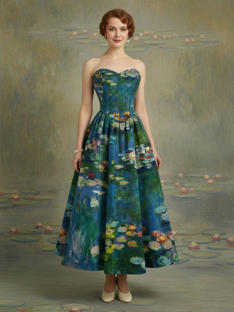 [Prévente] Robe bustier vert pâle motif nénuphars et décolleté cœur années 50