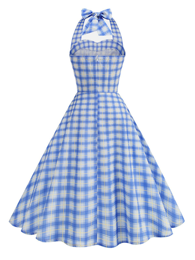 Blue-1950s-plaid-halter-sweetheart-neck-dress-back-view