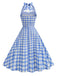 Blue-1950s-plaid-halter-sweetheart-neck-dress-back-view