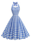 Classic 1950s checkered halter dress featuring sweetheart neck design perfect for vintage-themed parties and rockabilly occasions