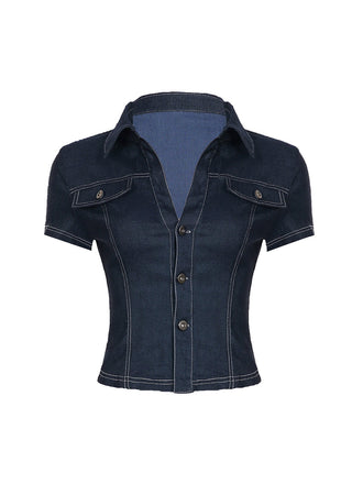 Chemise Courte Col Revers Manches Courtes en Denim Bleu Années 60