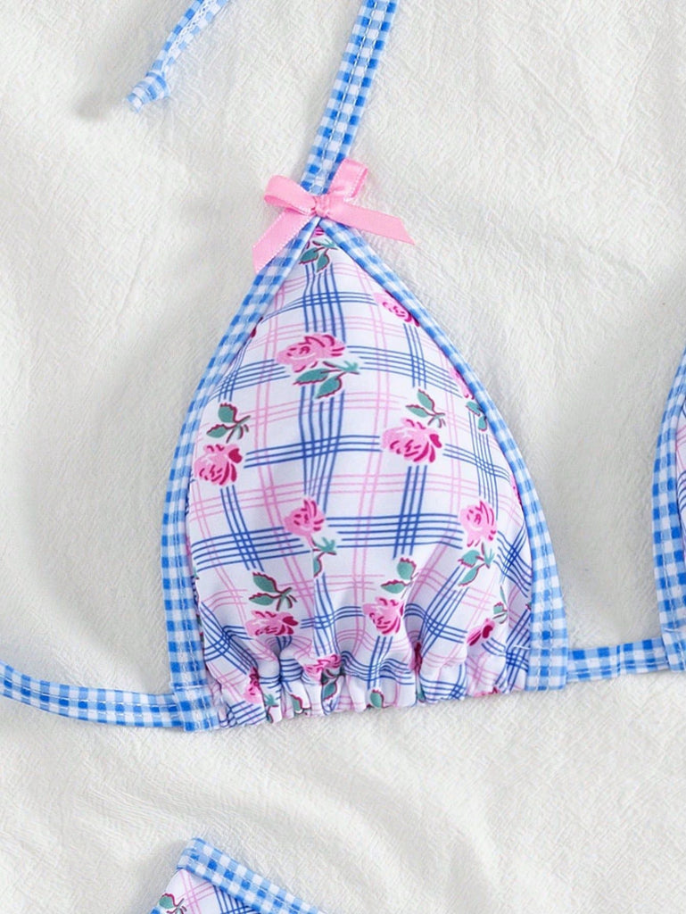 Ensemble Bikini Triangle Halter Vichy Floral avec Nœud Bleu Années 60