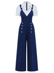 Navy blue jumpsuit with white buttons on a white background