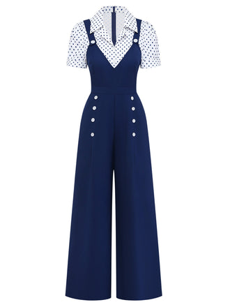 Navy blue jumpsuit with white buttons on a white background